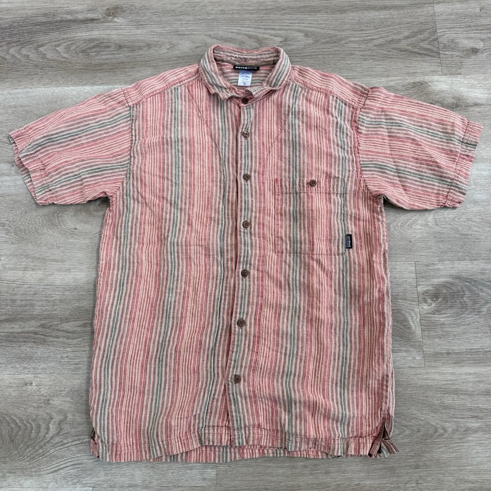Vintage Patagonia Hemphasis Striped Hemp Shirt Mens M Red Green Short Sleeve